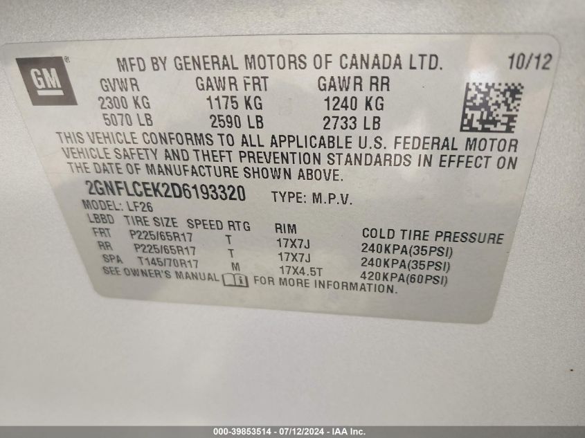 2013 Chevrolet Equinox Ls VIN: 2GNFLCEK2D6193320 Lot: 39853514