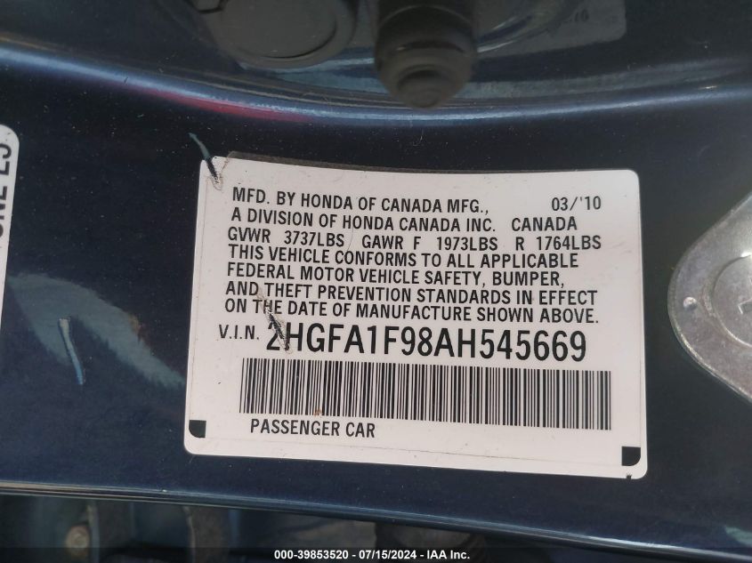 2010 Honda Civic Ex-L VIN: 2HGFA1F98AH545669 Lot: 39853520