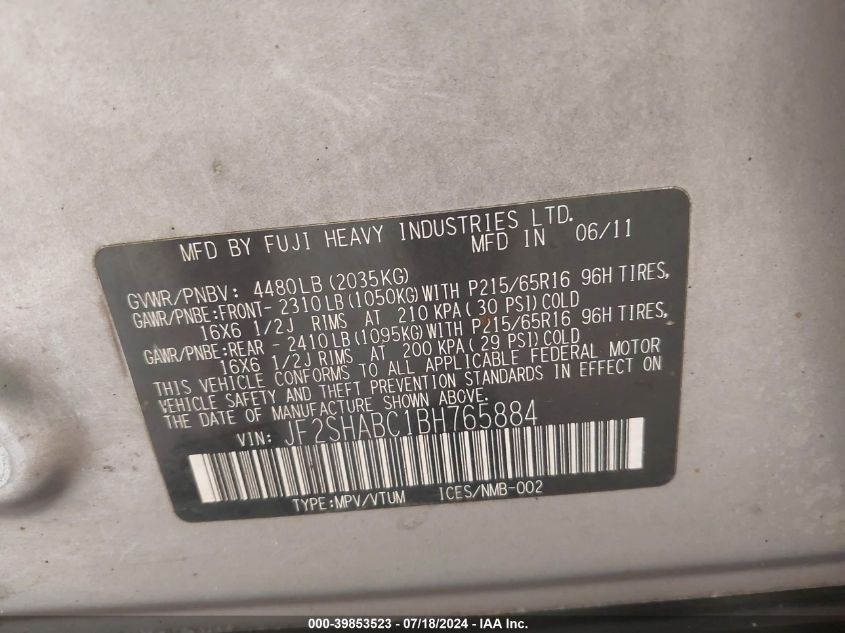2011 Subaru Forester 2.5X VIN: JF2SHABC1BH765884 Lot: 39853523