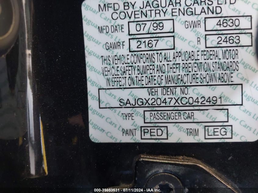 1999 Jaguar Xk8 VIN: SAJGX2047XC042491 Lot: 39853531