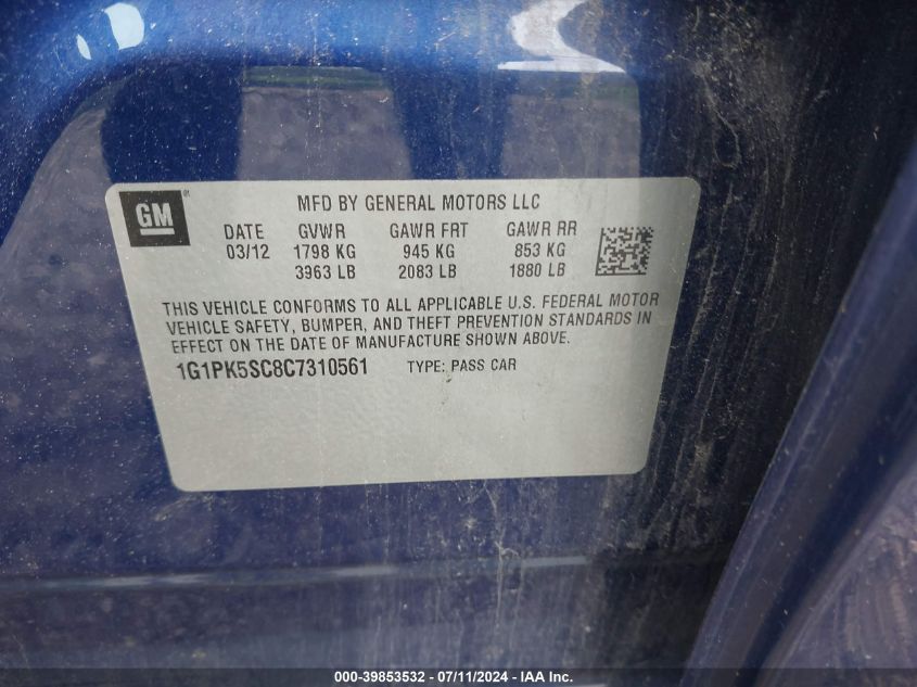 2012 Chevrolet Cruze Eco VIN: 1G1PK5SC8C7310561 Lot: 39853532