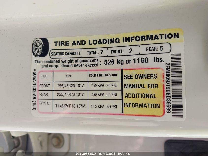 2013 Ford Flex Limited VIN: 2FMHK6DT9DBD36699 Lot: 39853538