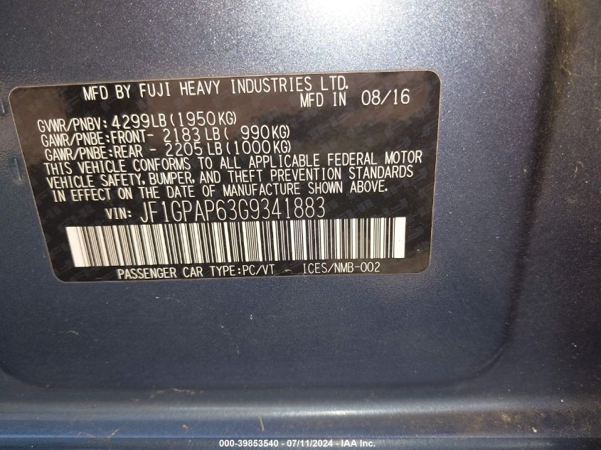 2016 Subaru Impreza 2.0I Sport Premium VIN: JF1GPAP63G9341883 Lot: 39853540