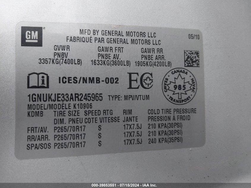 2010 Chevrolet Suburban 1500 Lt1 VIN: 1GNUKJE33AR245965 Lot: 39853551