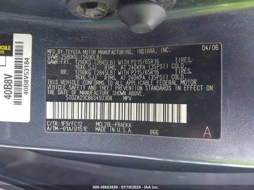 2006 Toyota Sienna Ce/Le VIN: 5TDZA23C86S493308 Lot: 39853559