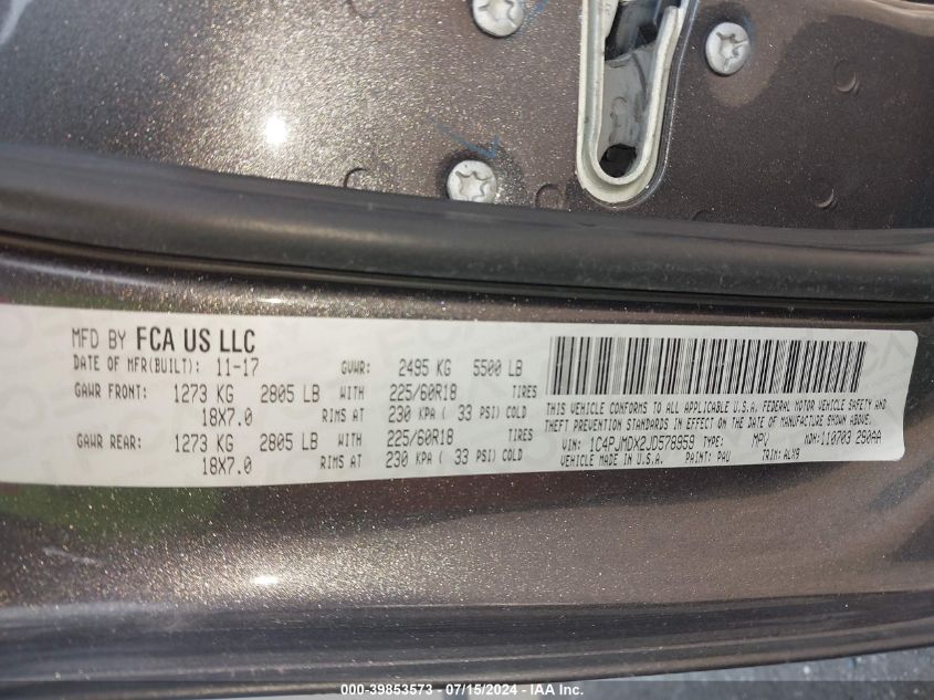 2018 Jeep Cherokee Limited 4X4 VIN: 1C4PJMDX2JD578959 Lot: 39853573