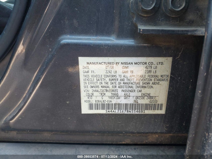 2008 Nissan Altima 2.5/2.5S VIN: 1N4AL21E78N554691 Lot: 39853574