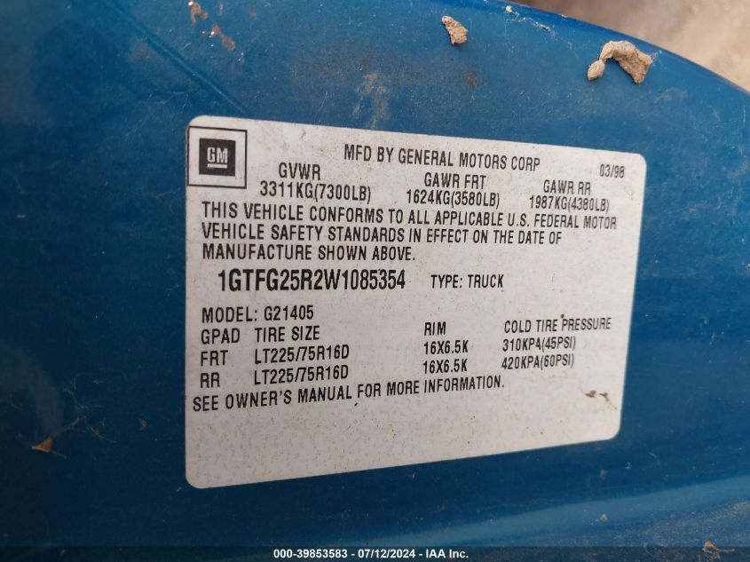 1998 GMC Savana Standard VIN: 1GTFG25R2W1085354 Lot: 39853583
