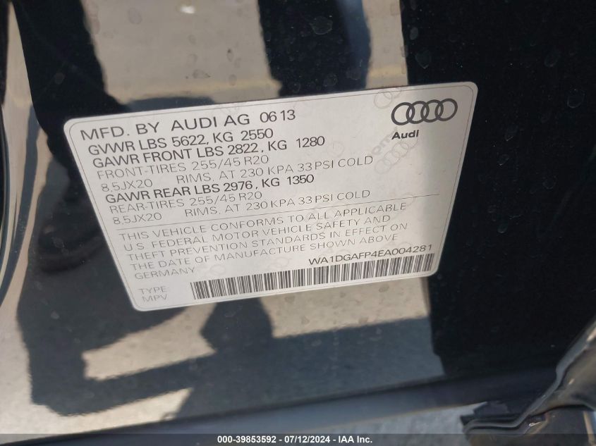 2014 Audi Q5 Premium Plus VIN: WA1DGAFP4EA004281 Lot: 39853592