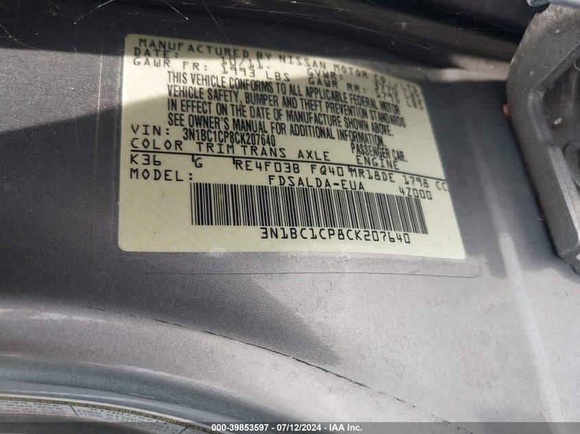 2012 Nissan Versa 1.8 S VIN: 3N1BC1CP8CK207640 Lot: 39853597