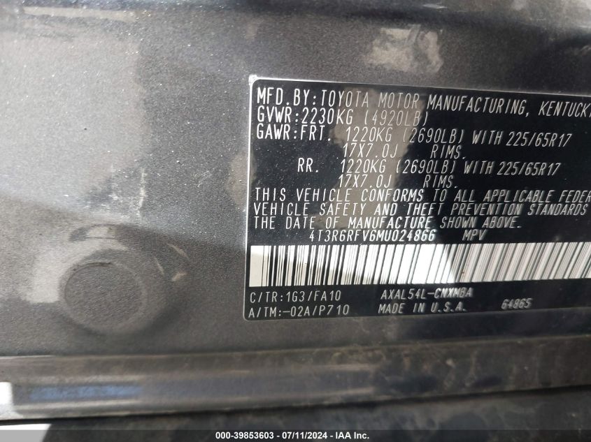 2021 Toyota Rav4 Hybrid Xle VIN: 4T3R6RFV6MU024866 Lot: 39853603