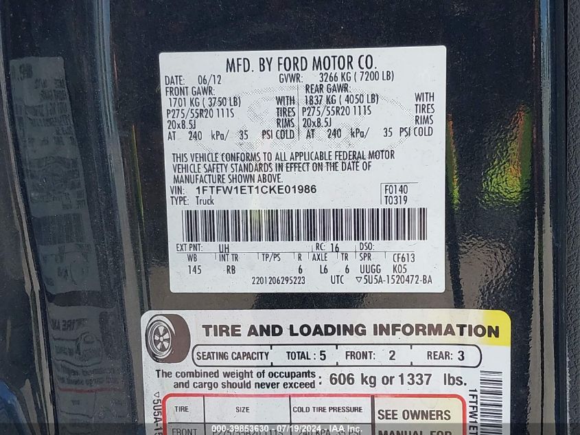 2012 Ford F-150 Fx4 VIN: 1FTFW1ET1CKE01986 Lot: 39853630