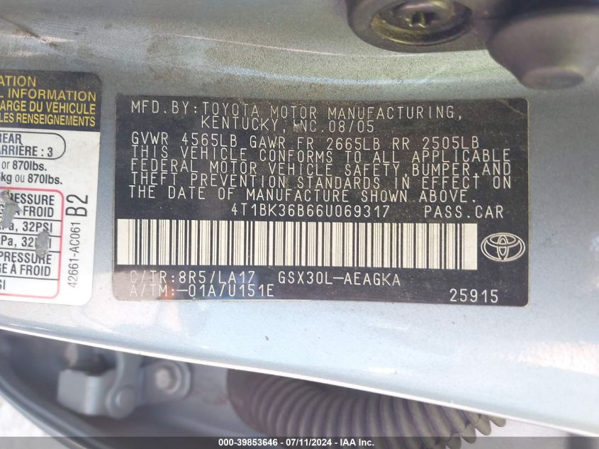 2006 Toyota Avalon Xls VIN: 4T1BK36B66U069317 Lot: 39853646