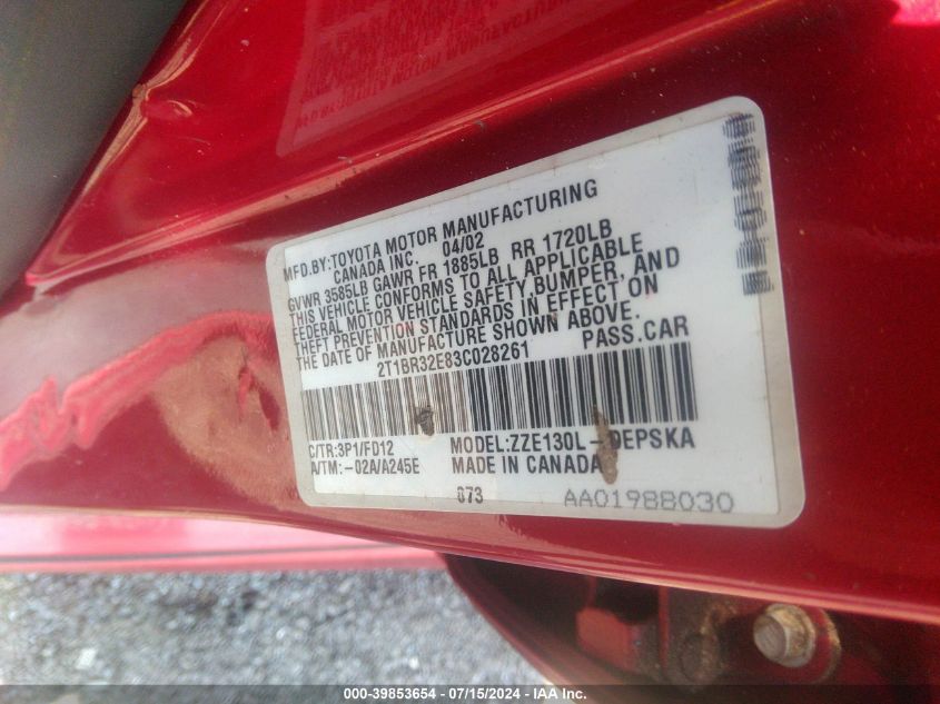 2T1BR32E83C028261 2003 Toyota Corolla S