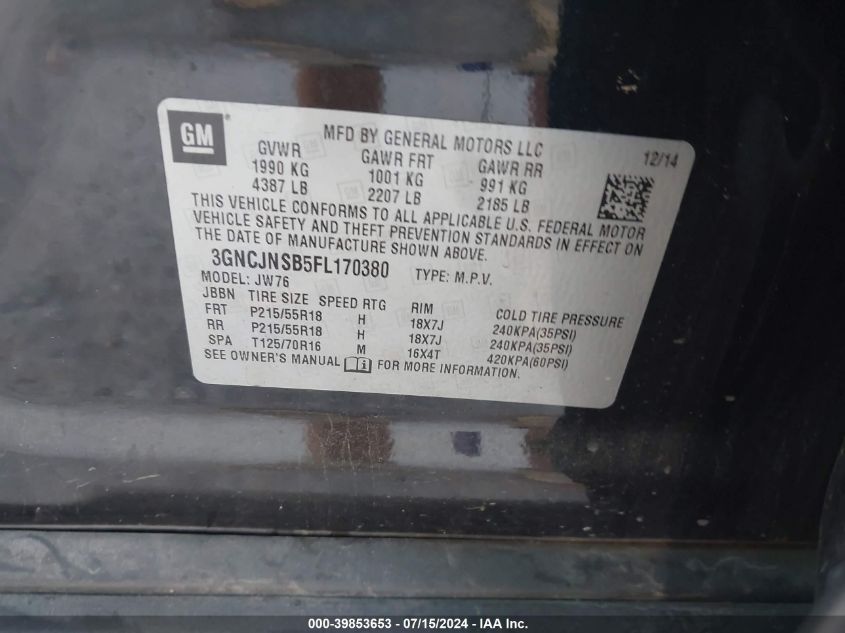 2015 Chevrolet Trax Ltz VIN: 3GNCJNSB5FL170380 Lot: 39853653