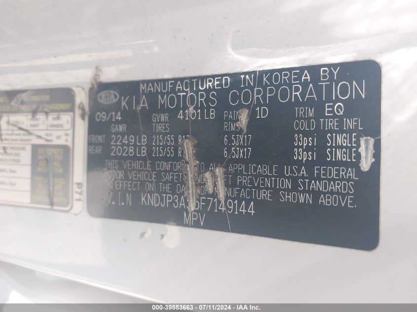 2015 Kia Soul + VIN: KNDJP3A55F7149144 Lot: 39853663