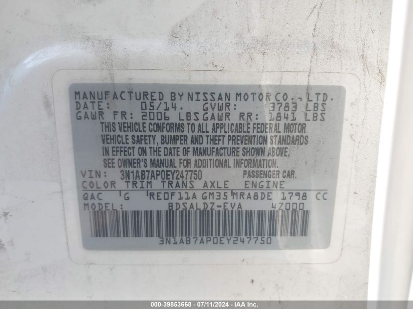 2014 Nissan Sentra Fe+ S/Fe+ Sv/S/Sl/Sr/Sv VIN: 3N1AB7AP0EY247750 Lot: 39853668