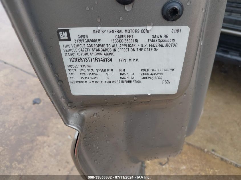 2001 Chevrolet Tahoe Lt VIN: 1GNEK13T71R146184 Lot: 39853682