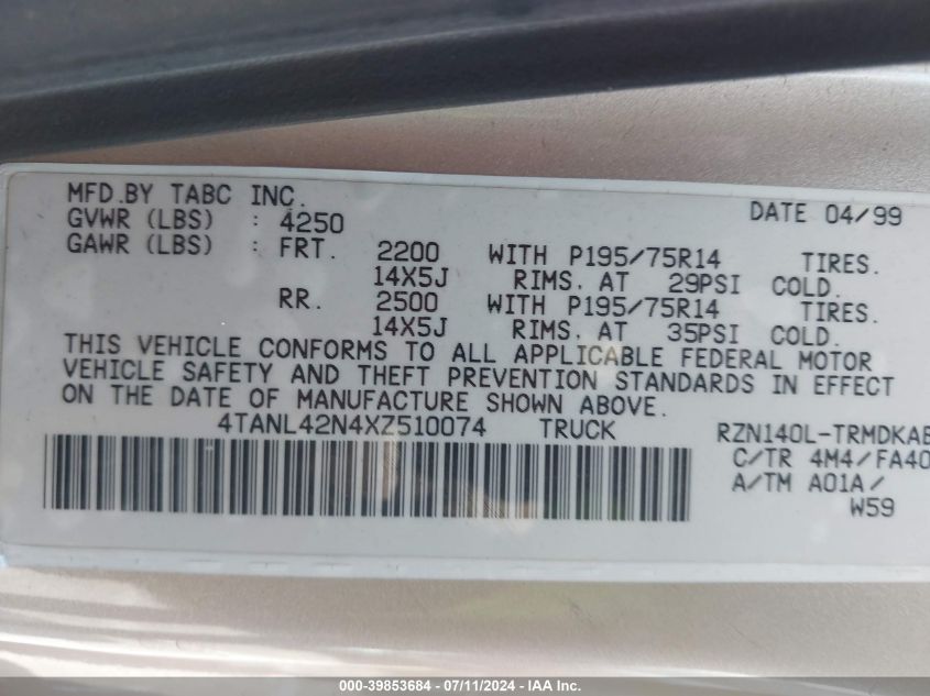 1999 Toyota Tacoma VIN: 4TANL42N4XZ510074 Lot: 39853684