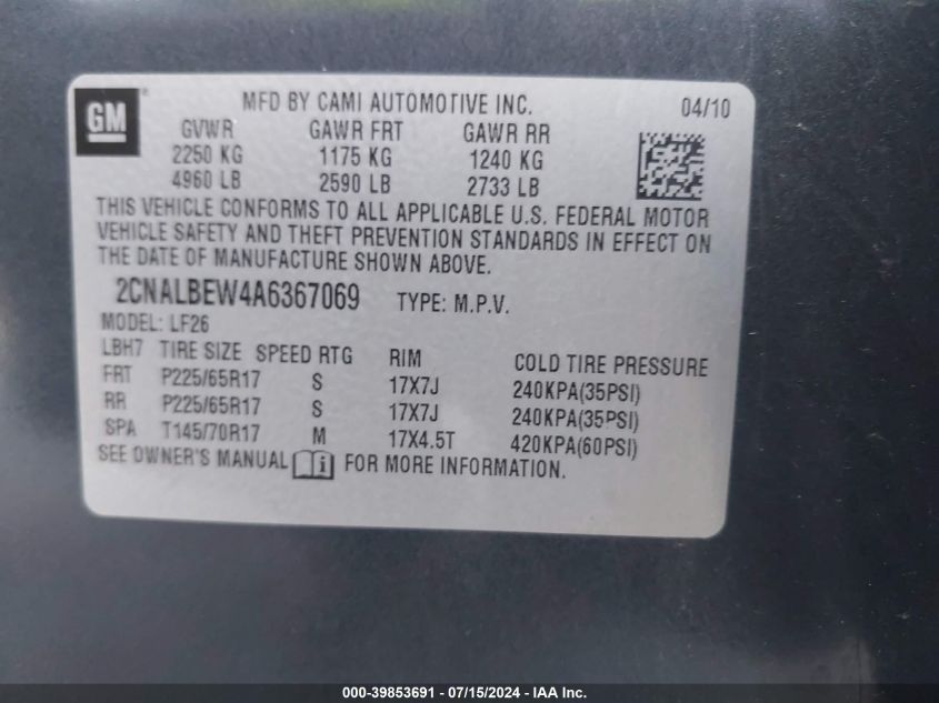 2010 Chevrolet Equinox Ls VIN: 2CNALBEW4A6367069 Lot: 39853691