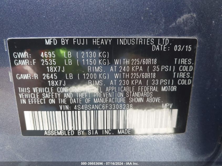 2015 Subaru Outback 2.5I Limited VIN: 4S4BSANC6F3308238 Lot: 39853696