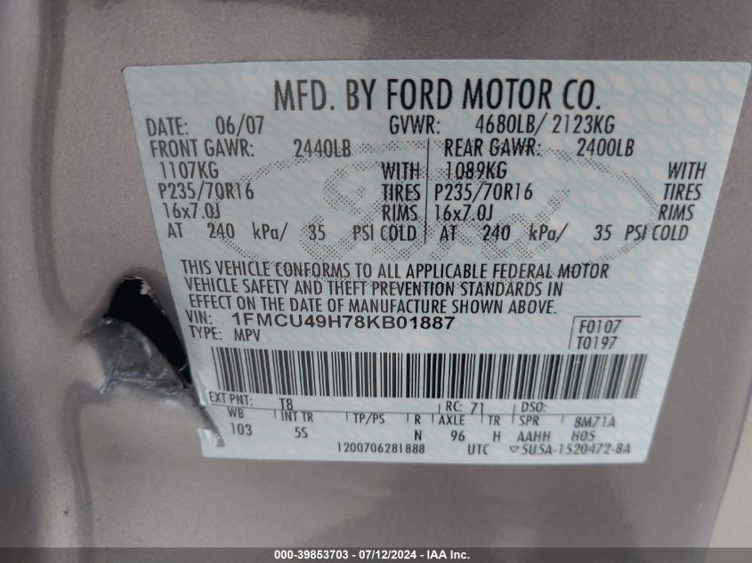 1FMCU49H78LD01887 2008 Ford Escape Hev