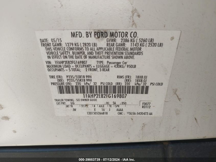 1FAHP2E82FG169807 2015 Ford Taurus Sel