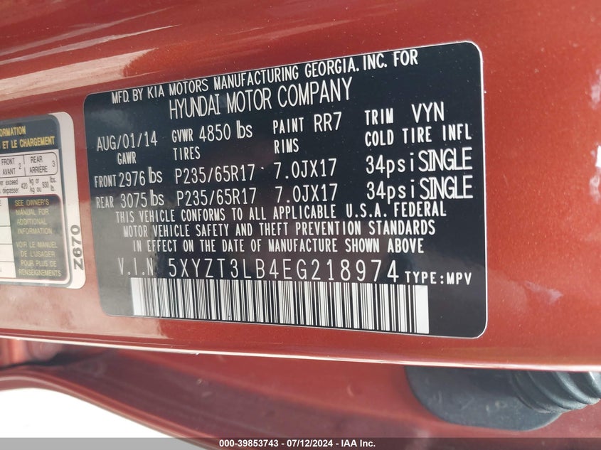 2014 Hyundai Santa Fe Sport VIN: 5XYZT3LB4EG218974 Lot: 39853743