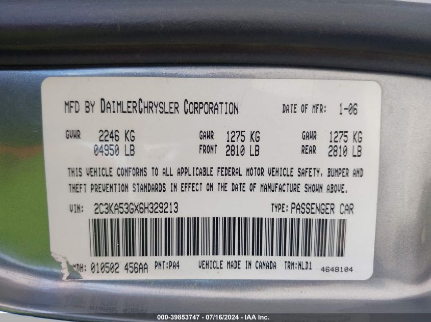 2006 Chrysler 300 Touring VIN: 2C3KA53GX6H329213 Lot: 39853747