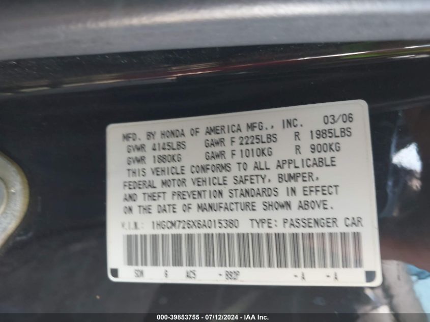 2006 Honda Accord 2.4 Ex VIN: 1HGCM726X6A015380 Lot: 39853755