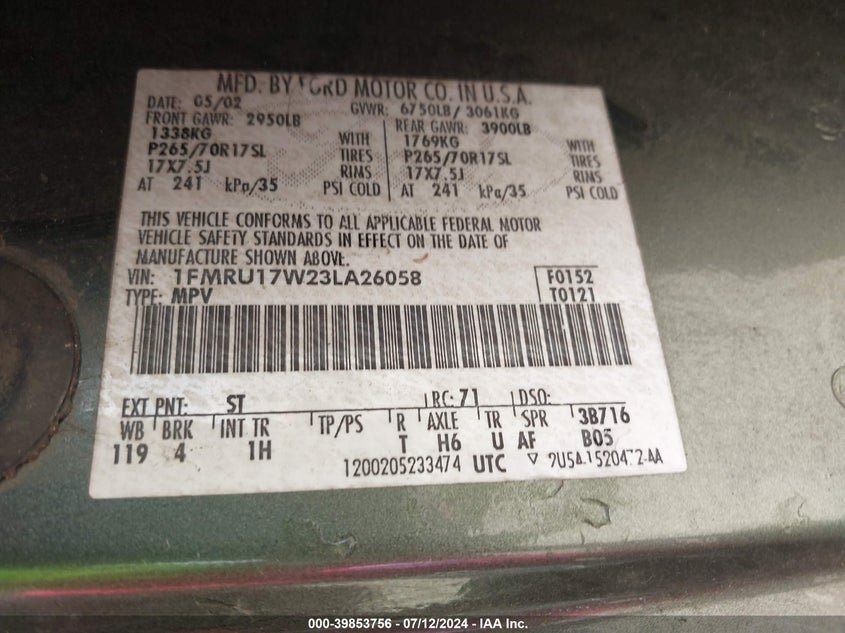 2003 Ford Expedition Eddie Bauer VIN: 1FMRU17W23LA26058 Lot: 39853756