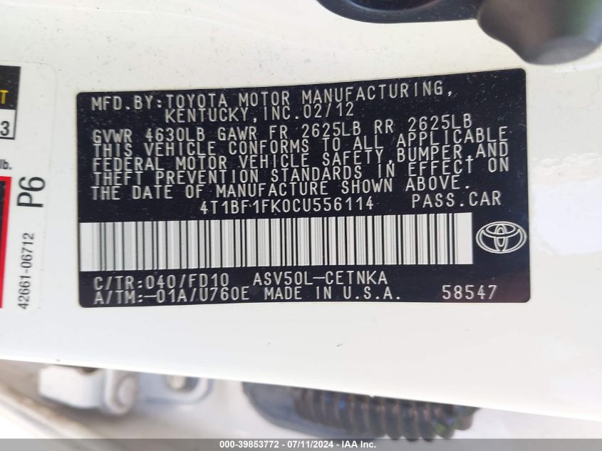 4T1BF1FK0CU556114 2012 Toyota Camry Le