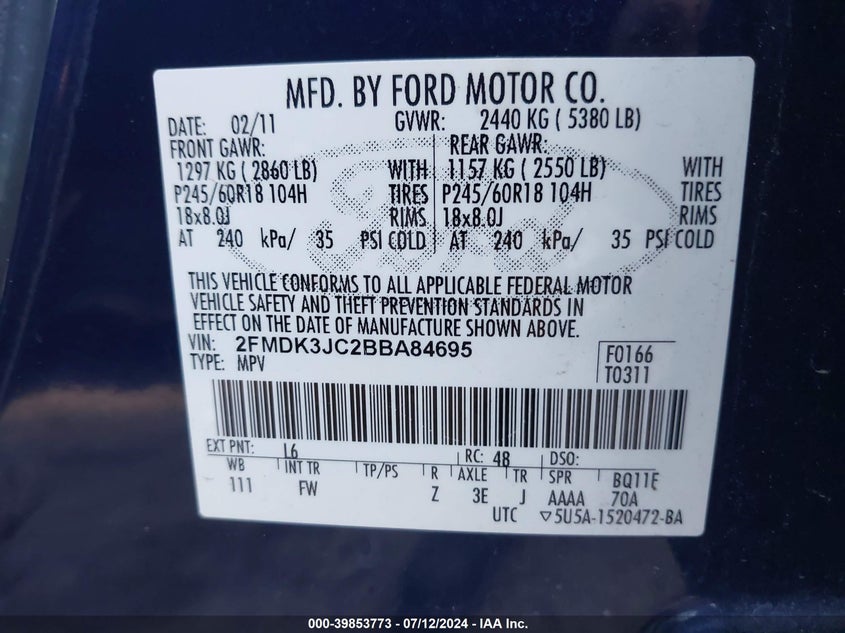 2011 Ford Edge Sel VIN: 2FMDK3JC2BBA84695 Lot: 39853773