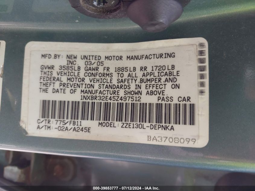 2005 Toyota Corolla Le VIN: 1NXBR32E45Z497512 Lot: 39853777