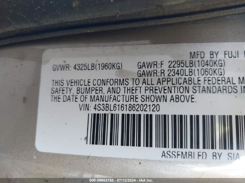 2008 Subaru Legacy 2.5I VIN: 4S3BL616186202120 Lot: 39853788