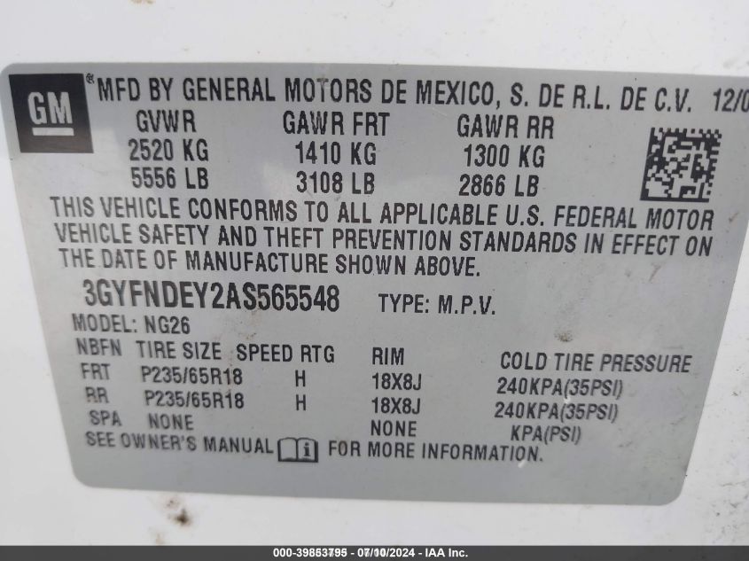 2010 Cadillac Srx Luxury Collection VIN: 3GYFNDEY2AS565548 Lot: 39853795