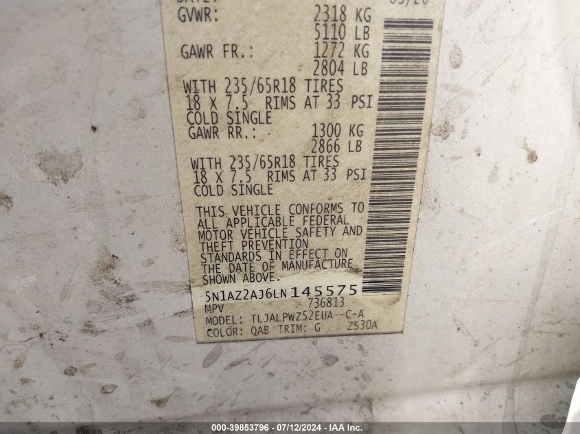 2020 Nissan Murano S Fwd VIN: 5N1AZ2AJ6LN145575 Lot: 39853796