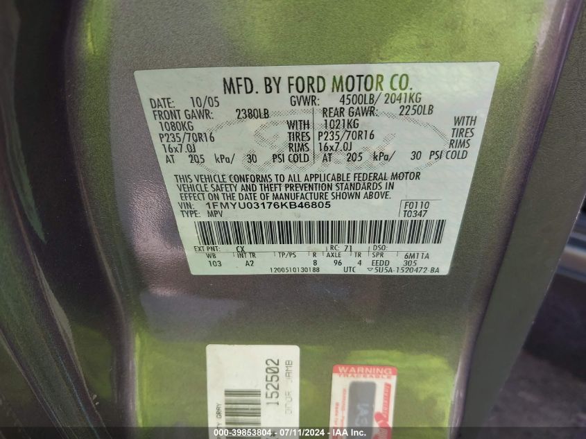 2006 Ford Escape Xlt/Xlt Sport VIN: 1FMYU03176KB46805 Lot: 39853804