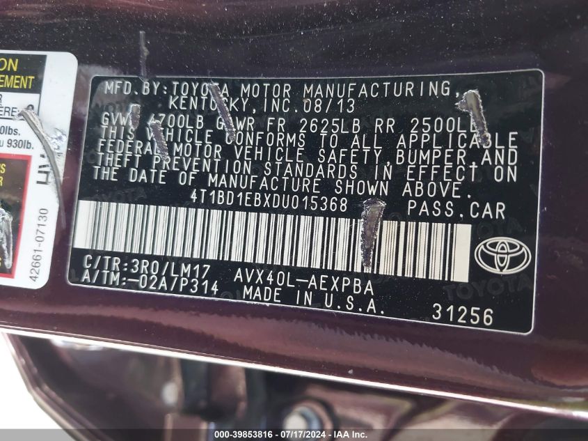 2013 Toyota Avalon Hybrid Limited VIN: 4T1BD1EBXDU015368 Lot: 39853816