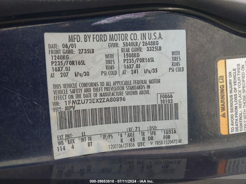 2002 Ford Explorer Xlt VIN: 1FMZU73EX2ZA80896 Lot: 39853818