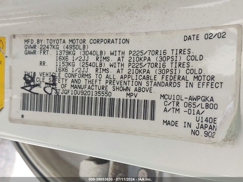 2002 Lexus Rx 300 VIN: JTJGF10U920135550 Lot: 39853830