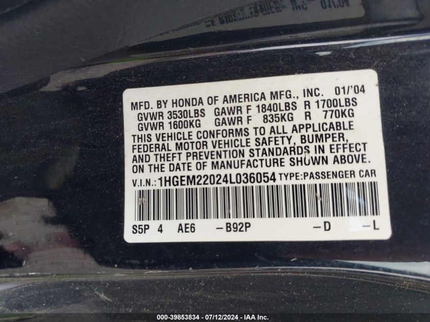 2004 Honda Civic Ex VIN: 1HGEM22024L036054 Lot: 39853834