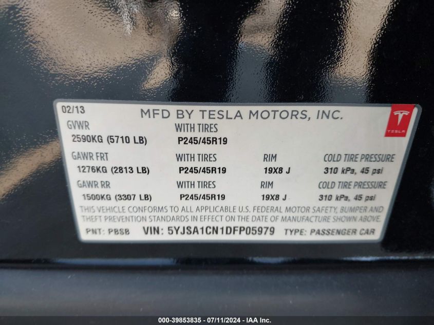 2013 Tesla Model S VIN: 5YJSA1CN1DFP05979 Lot: 39853835