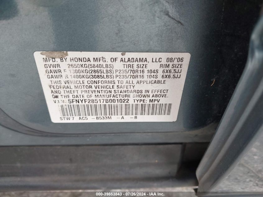 2007 Honda Pilot Ex-L VIN: 5FNYF28517B001022 Lot: 39853843
