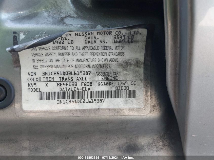 2002 Nissan Sentra Gxe VIN: 3N1CB51D02L619387 Lot: 39853895