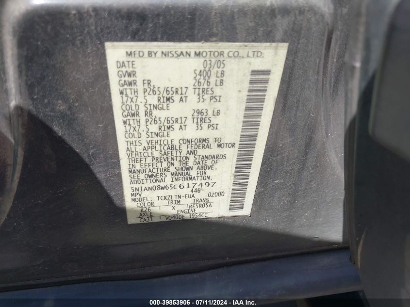 2005 Nissan Xterra Se VIN: 5N1AN08W65C617497 Lot: 39853906