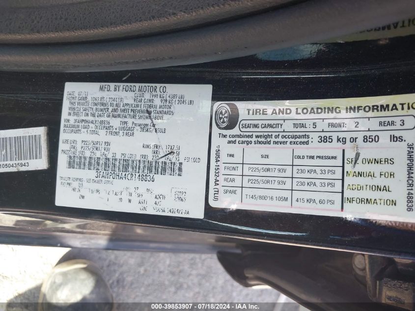 2012 Ford Fusion Se VIN: 3FAHP0HA4CR148836 Lot: 39853907