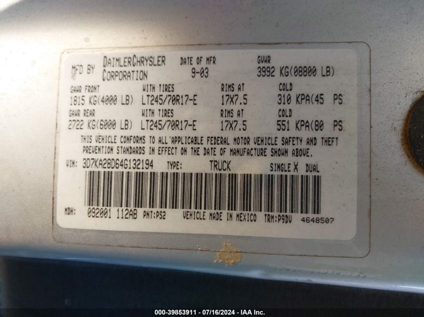 2004 Dodge Ram 2500 St VIN: 3D7KA28D64G132194 Lot: 39853911