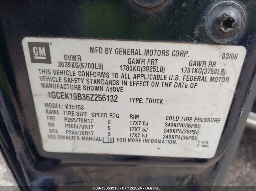 2006 Chevrolet Silverado 1500 Lt1 VIN: 1GCEK19B36Z256132 Lot: 39853913