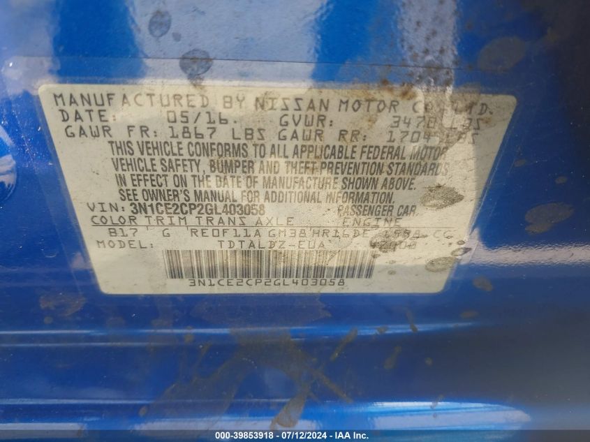 2016 Nissan Versa Note S (Sr)/S Plus/Sl/Sr/Sv VIN: 3N1CE2CP2GL403058 Lot: 39853918